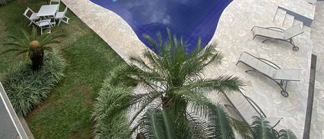 A swimming pool with a stone border, surrounded by a grassy area with palm trees and a view of a residential neighborhood.