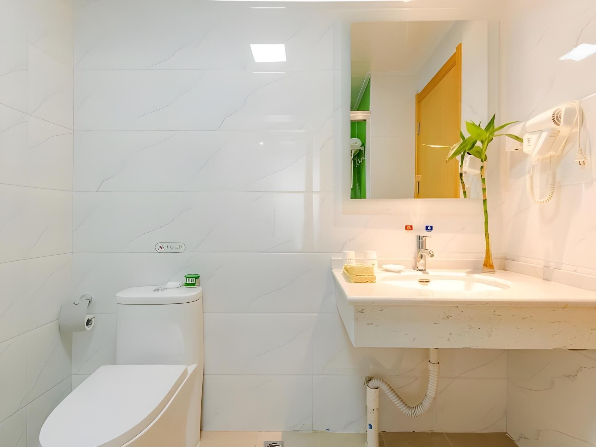 Une salle de bain moderne avec des toilettes, un lavabo et un miroir.