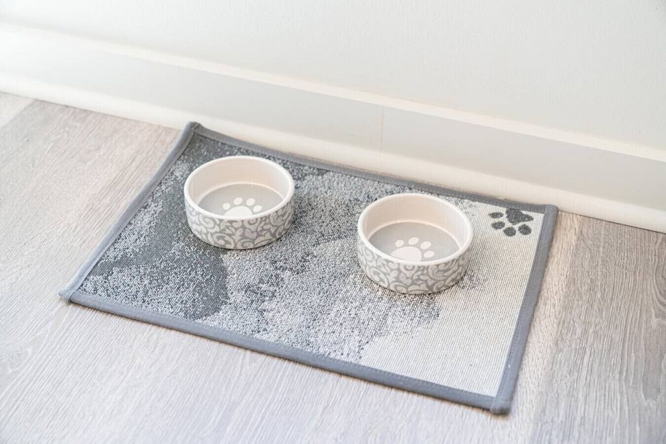 Two pet bowls on a textured mat with paw prints.