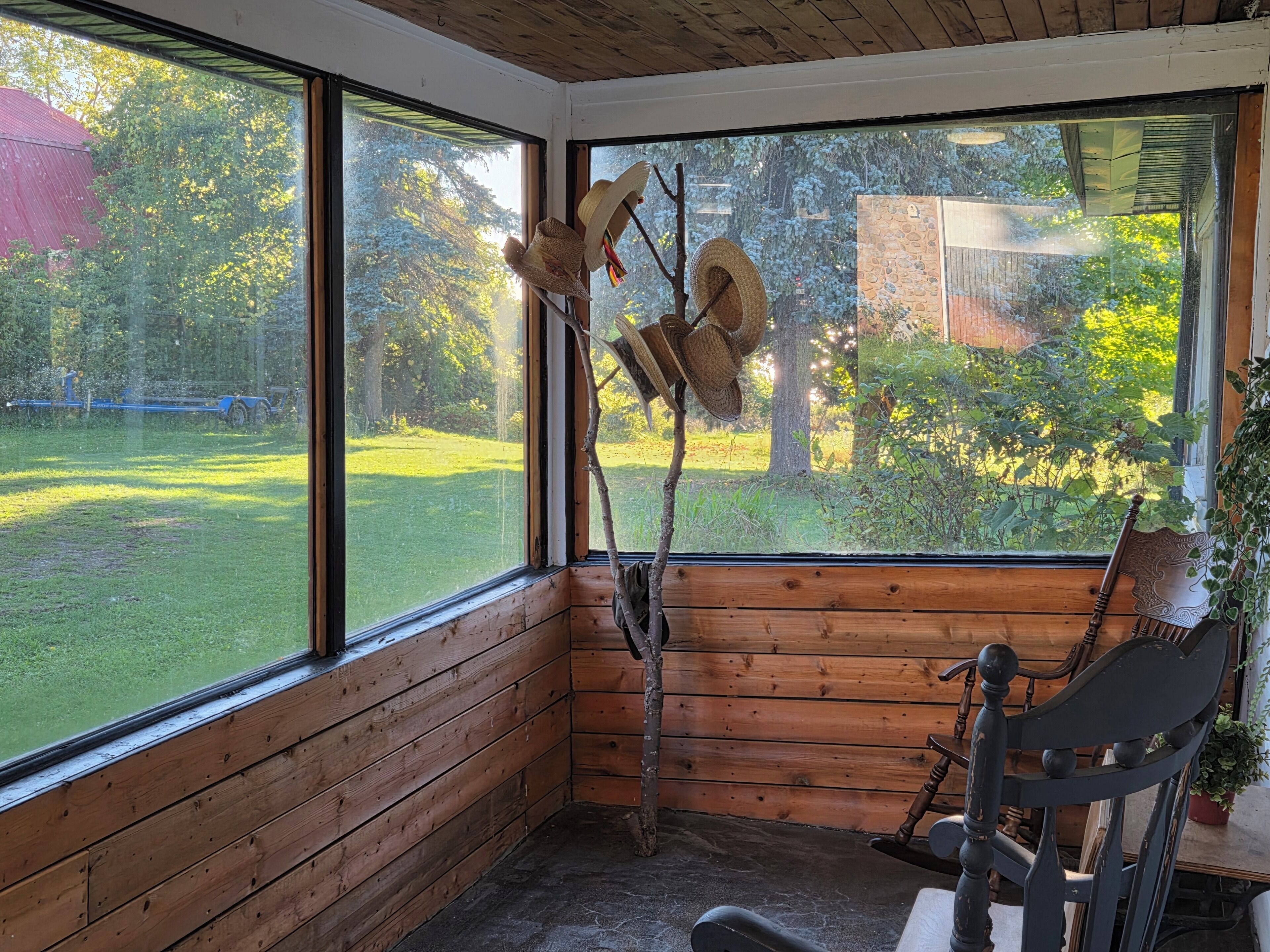 Una cabaña de madera con amplios ventanales, un interior rústico y vistas a un paisaje verde.
