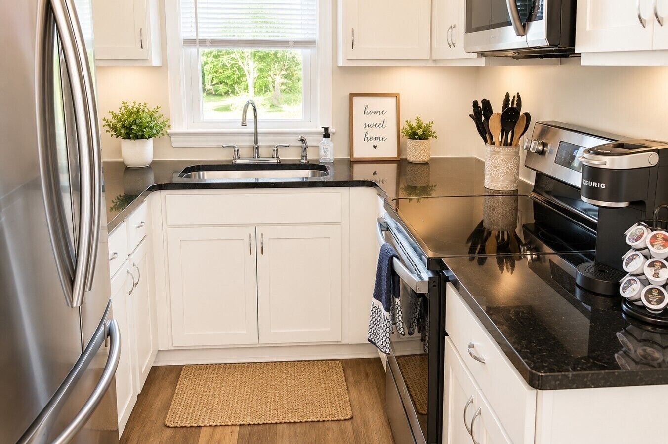 Full-sized fridge, microwave, oven, stovetop