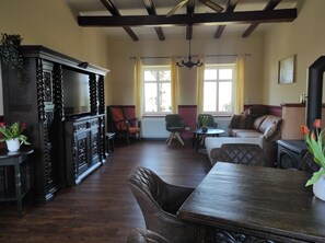 Smart TV, fireplace, DVD player, books