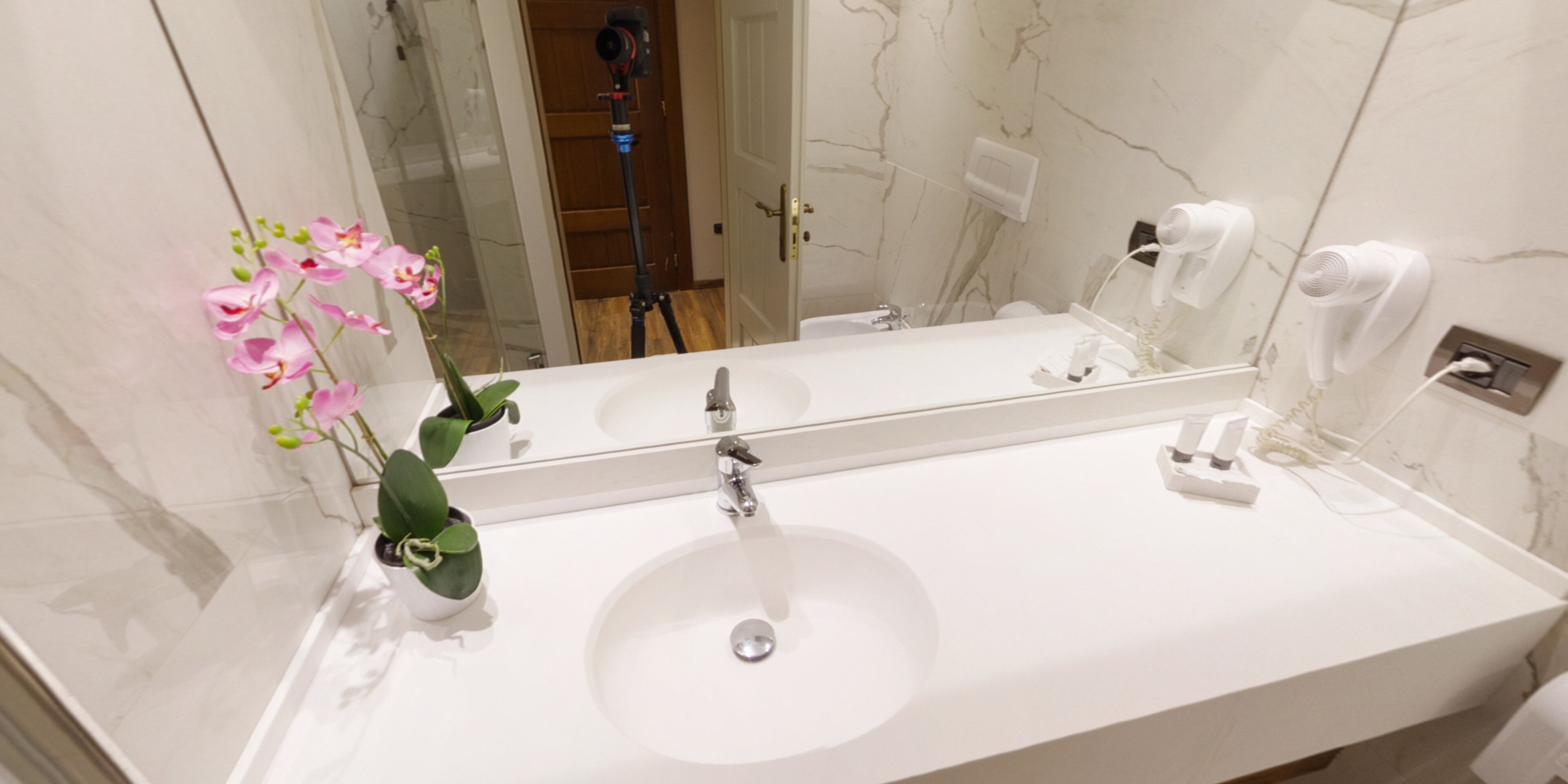 Une salle de bain moderne avec un lavabo blanc, un grand miroir et une orchidée en pot.