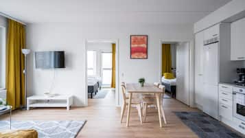 2 bedrooms, blackout curtains, soundproofing, iron/ironing board