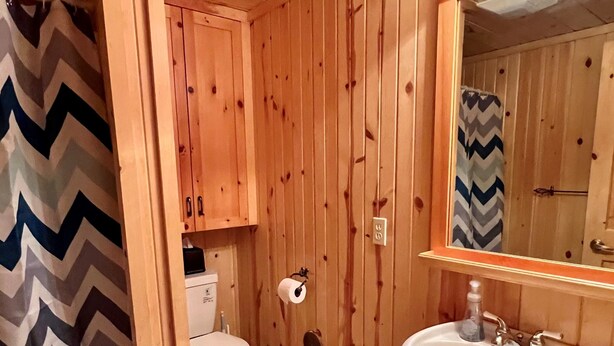 Ein Badezimmer mit Holzwandverkleidung, Toilette, Waschbecken und Spiegel.