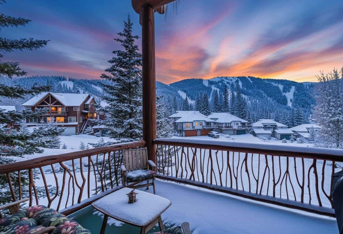 Un terrazzo in legno con una sedia e un tavolo, affacciato su un paesaggio montano innevato con case.