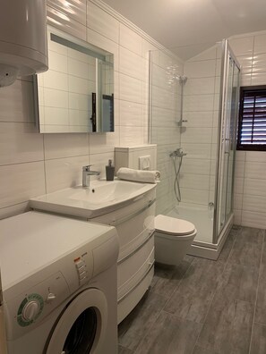 Shower, hair dryer, towels