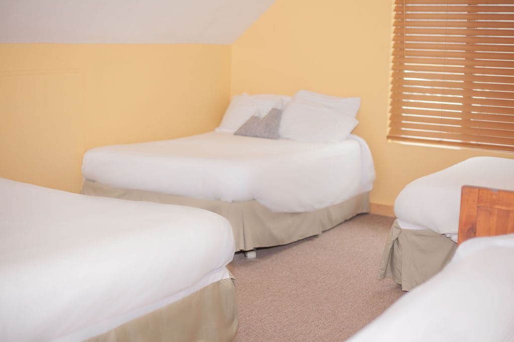 Une chambre avec deux lits simples, des murs de couleur beige et une fenêtre avec des stores.