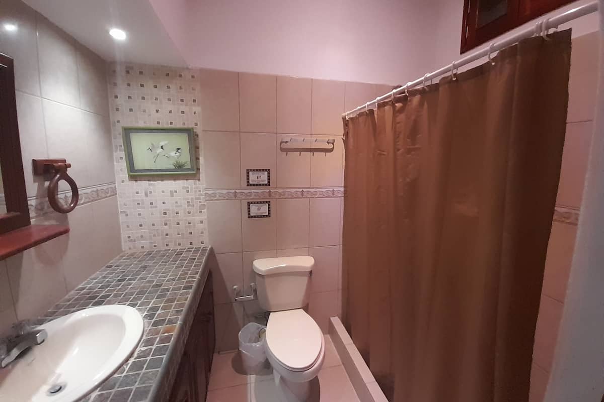 Shower, rainfall showerhead, free toiletries, hair dryer