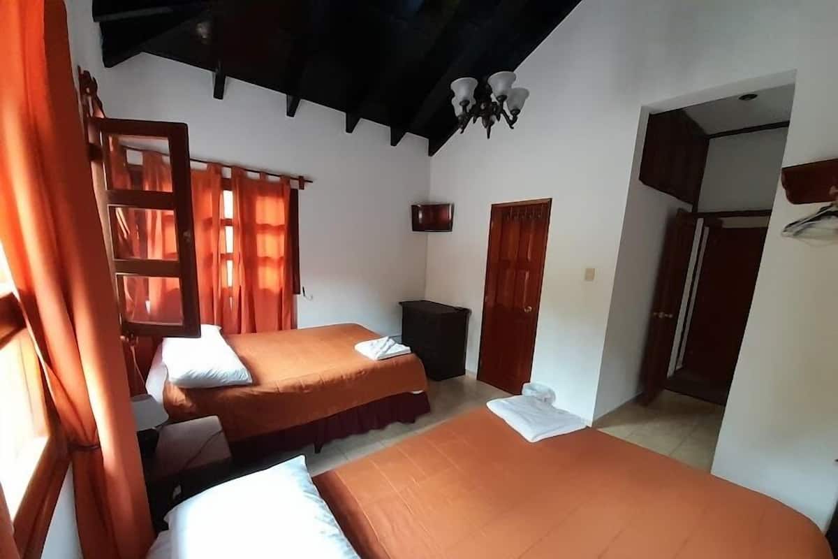 A bedroom with two beds, a wooden ladder, a TV, and a chandelier.