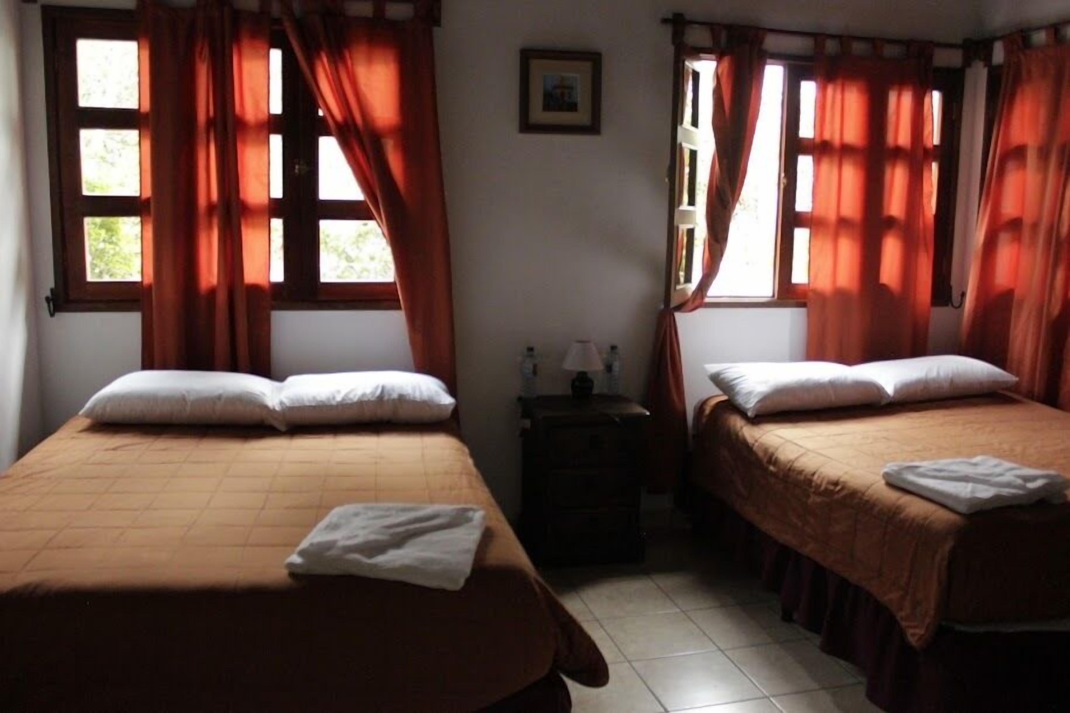Two single beds with brown bedding, a small bedside table with a lamp, and a window with red curtains.