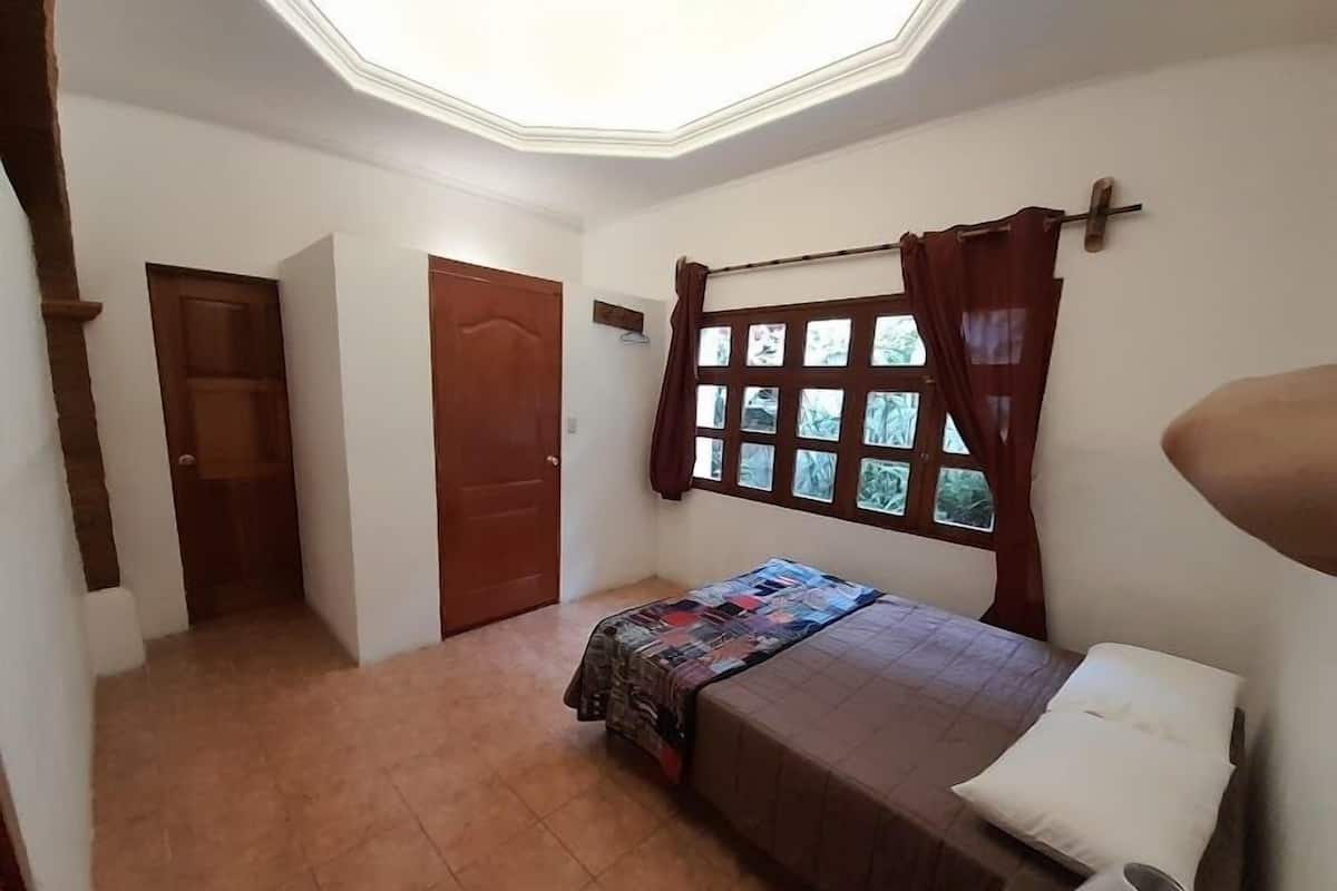 A bedroom with a bed, a window with curtains, a door, and a skylight.