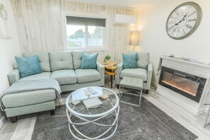 Smart TV, fireplace, books