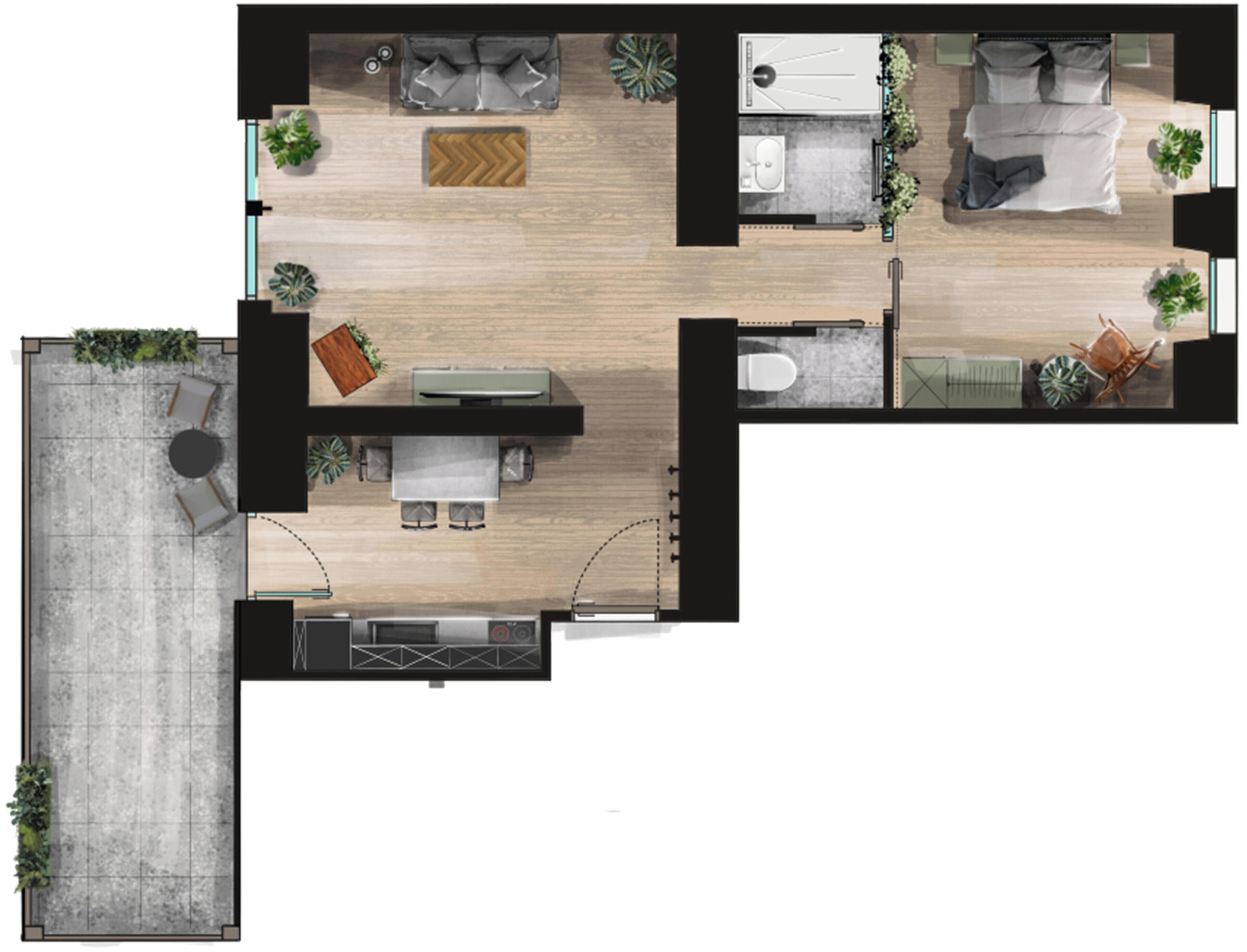 Un plan d’étage d’une chambre d’hôtel comprenant un espace de vie, un coin repas, une salle de bain et une kitchenette.