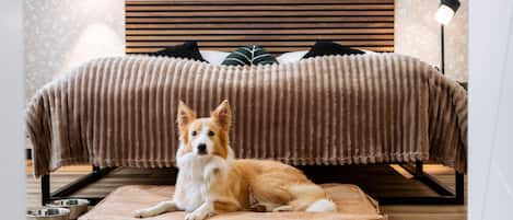 Un perro descansando sobre una alfombra frente a una cama con cabecera de madera y una manta marrón.