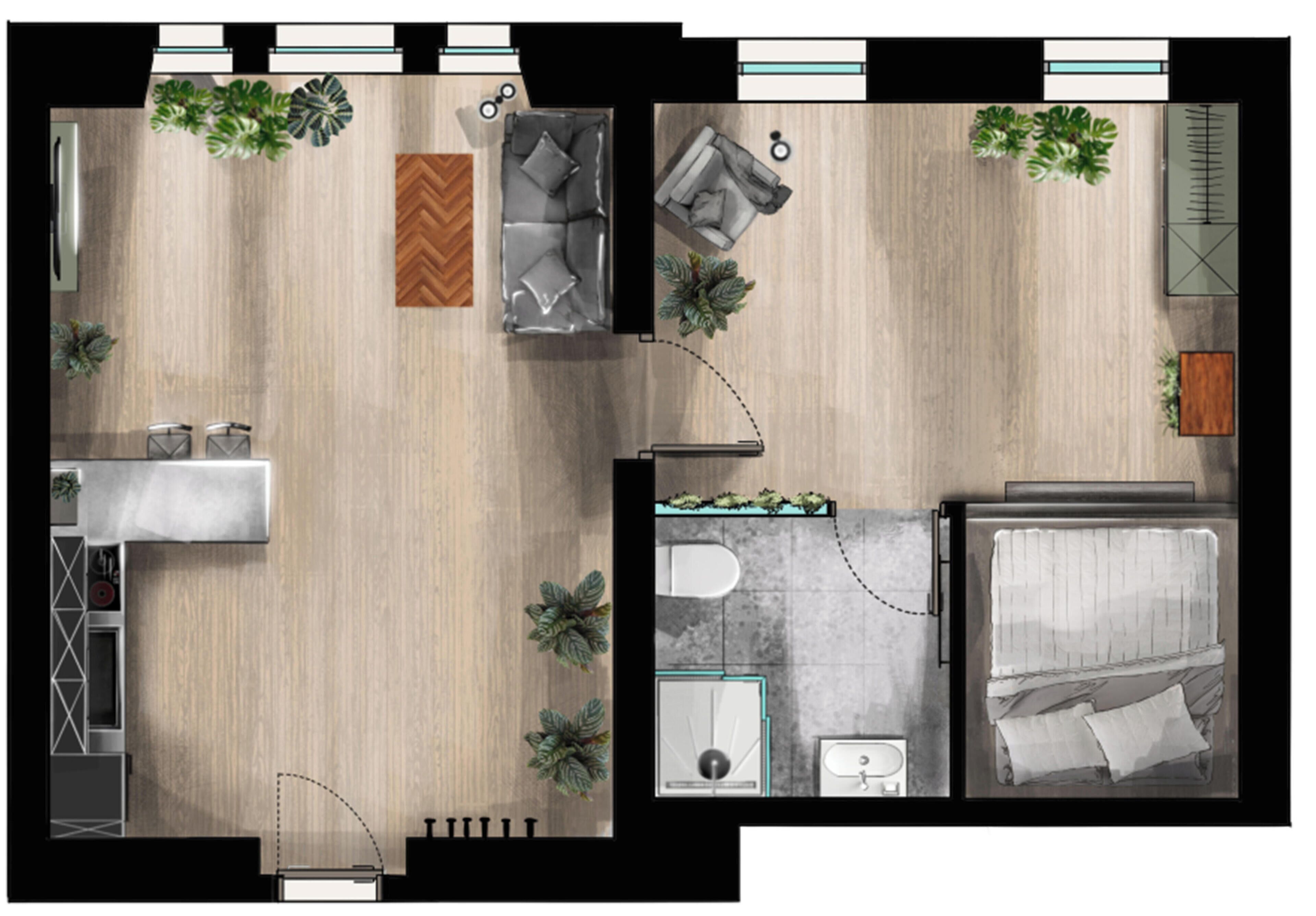 Distribución de una habitación de hotel que incluye una cama, un escritorio, una silla, un sofá, un baño pequeño y una kitchenette.