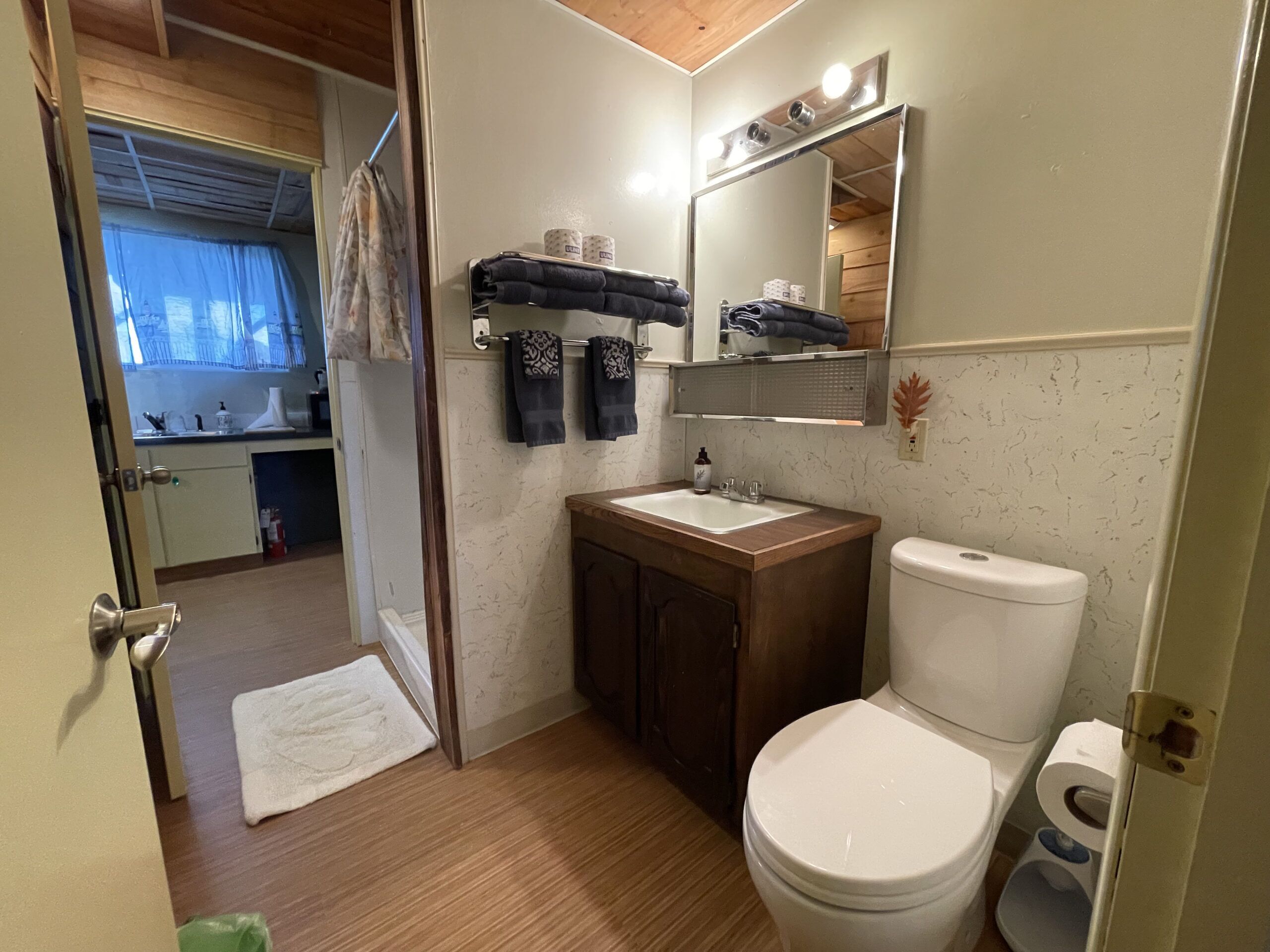 Baño con inodoro, lavamanos y espejo. Hay un perchero con toallas y un estante con artículos de aseo.