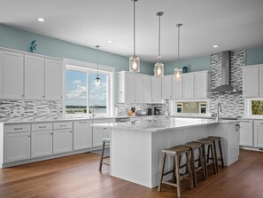 Fridge, microwave, oven, stovetop - 7BR - Ocean View - Sound Front House - Private Pool - Hot Tub (North Topsail Beach)