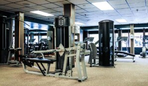 Work out in a fully equipped gym with weight machines and free weights.