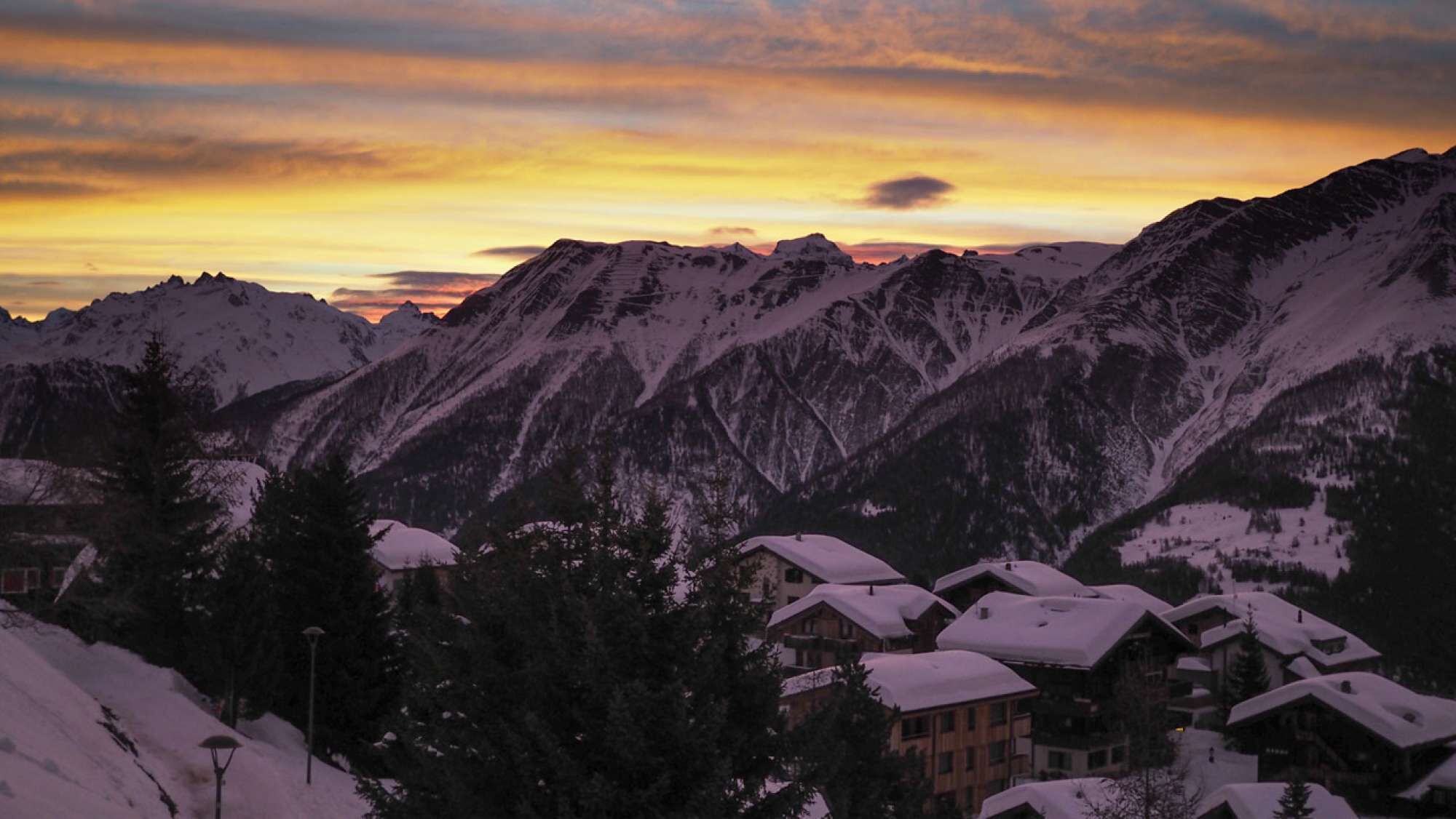South view from the balcony of the Riederalp with a beautiful evening atmosphere