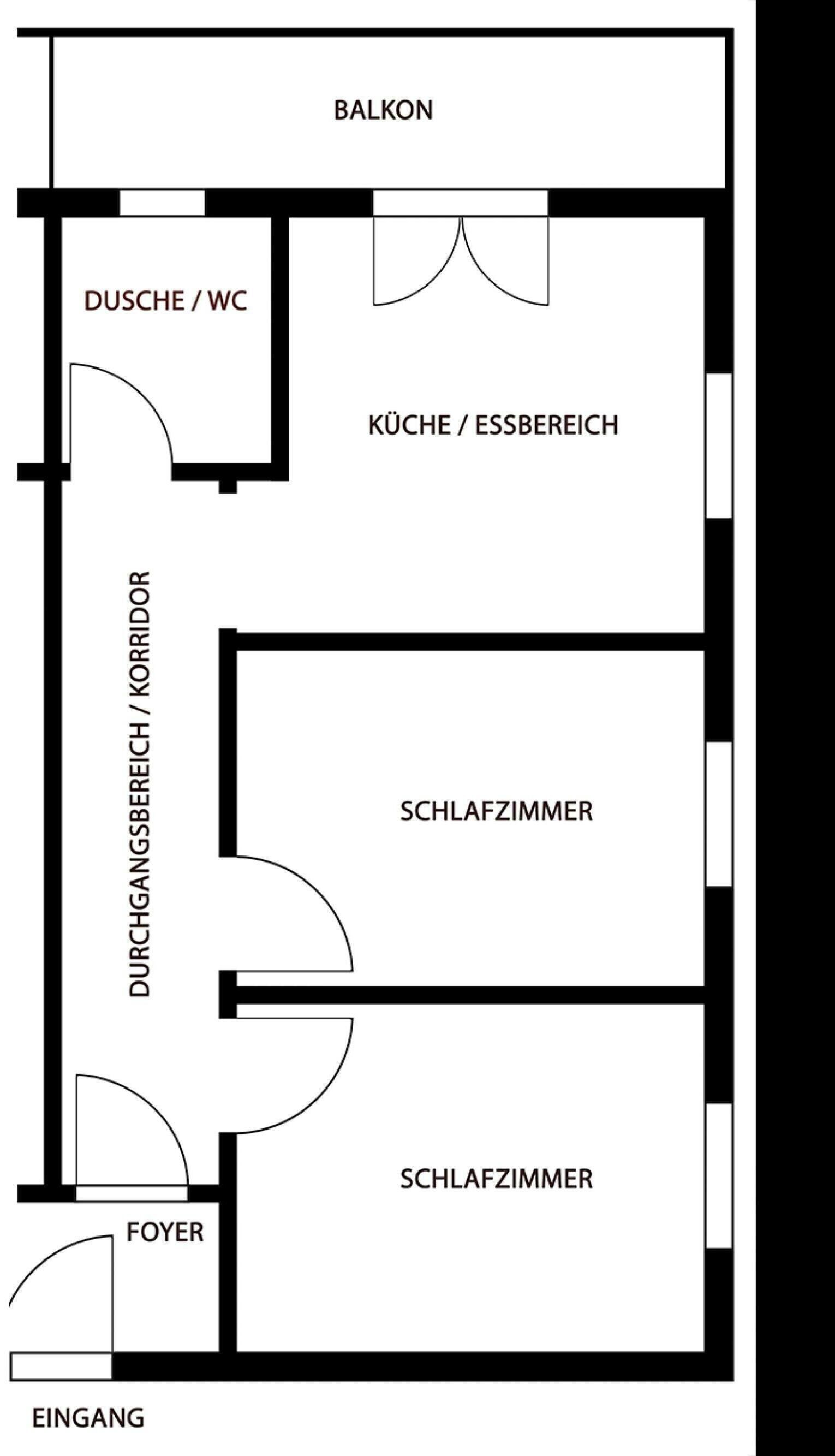 A floor plan with a balcony, two ensuite bathrooms, a kitchen area, two bedrooms, a foyer, and an entrance.