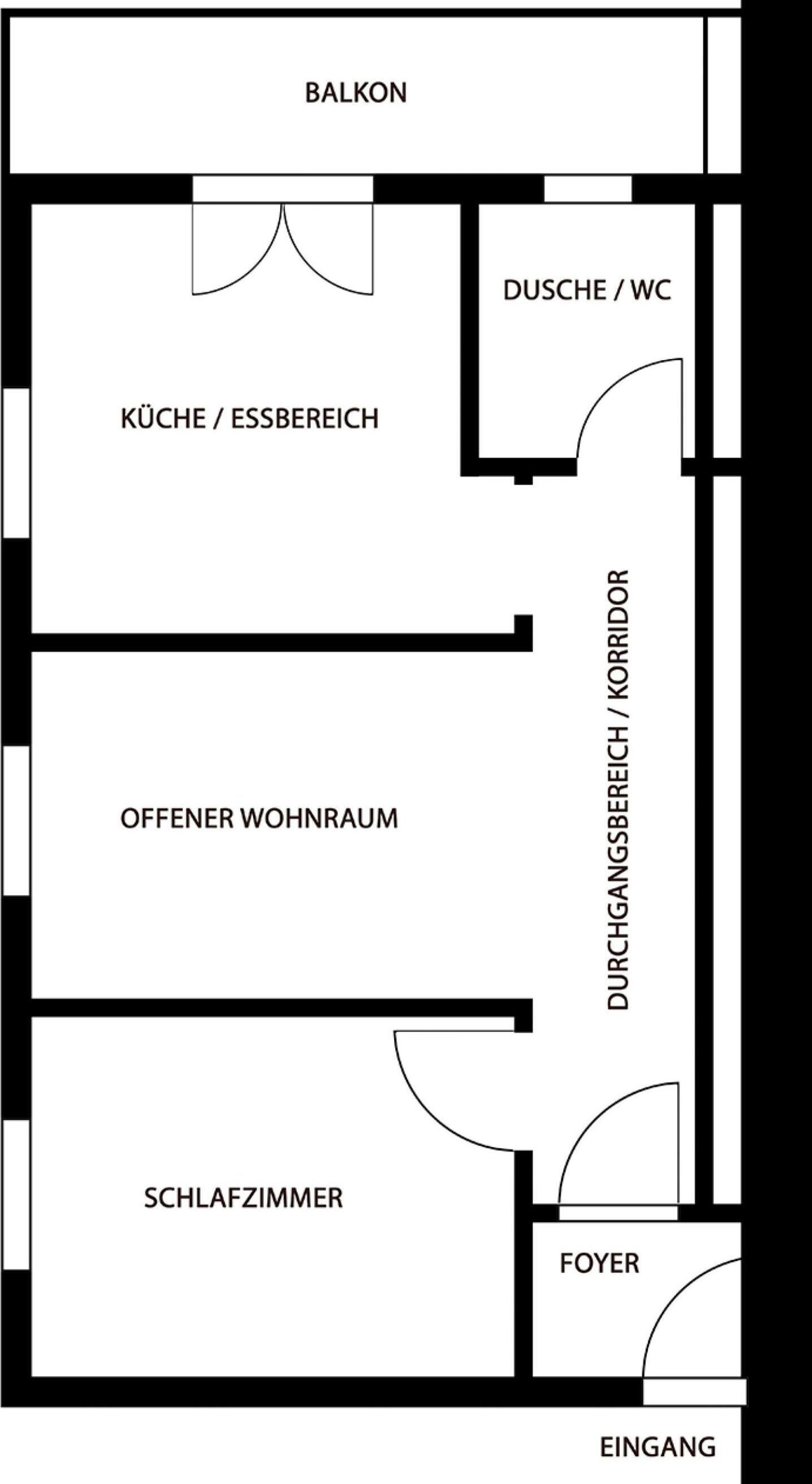 A floor plan with a balcony, kitchen, living room, bathroom, bedroom, foyer, and entrance.