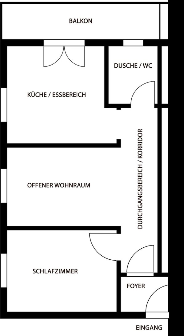 A floor plan with a balcony, kitchen, living room, bathroom, bedroom, foyer, and entrance.