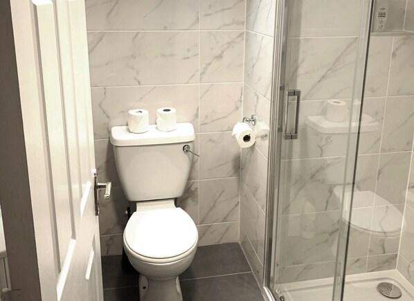 A modern bathroom with a toilet, a shower, and a glass-enclosed shower stall.