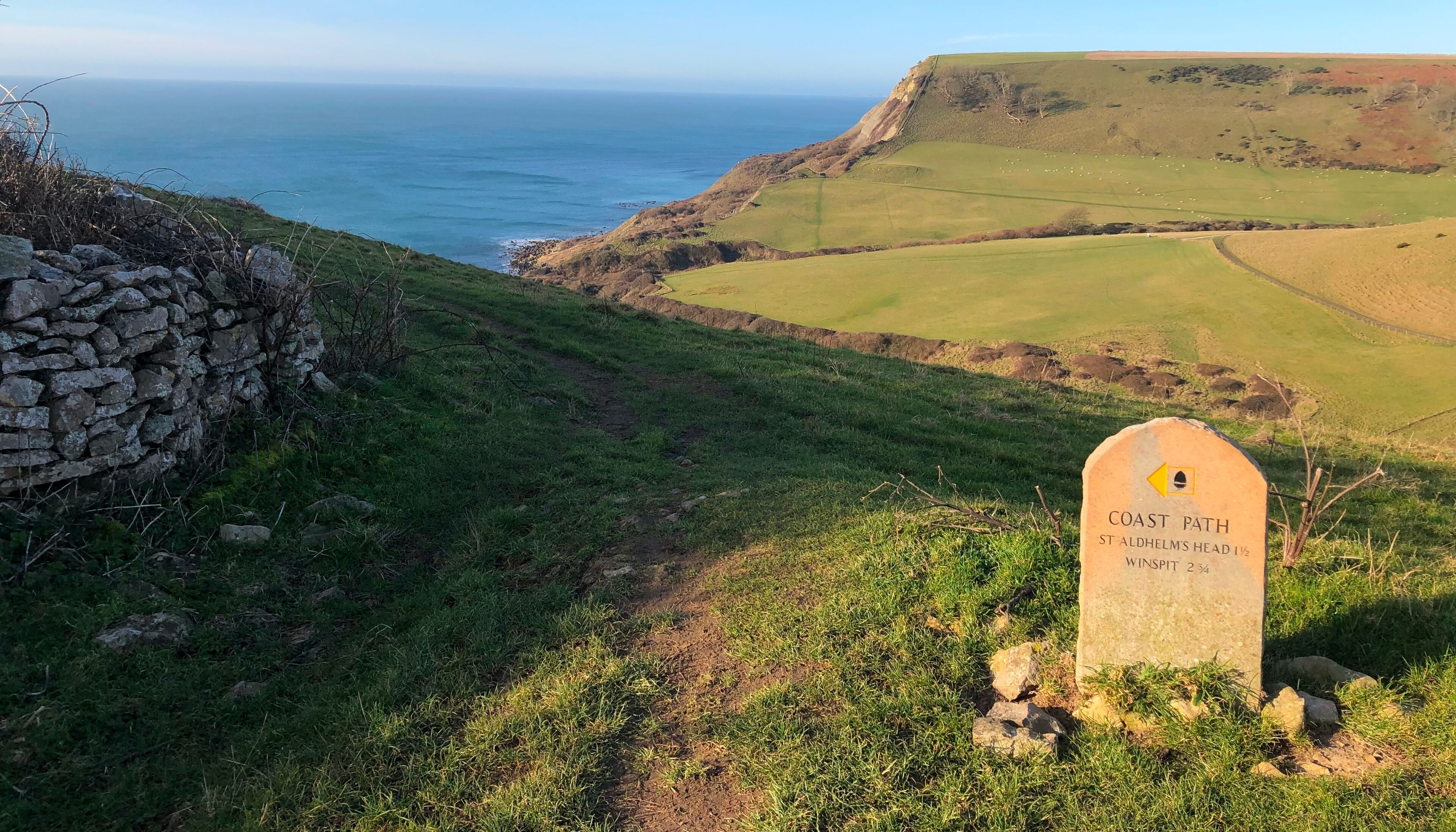 Um mirante costeiro com um muro de pedra e uma placa que indica o local como St Aldhelm's Head.