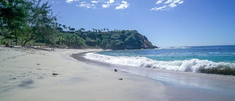 Una playa con cielos despejados, olas tranquilas y un promontorio cubierto de bosque.