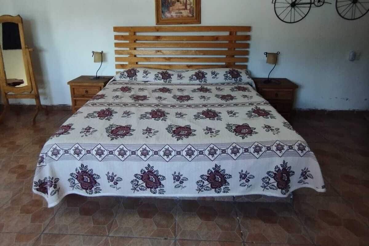Un dormitorio con techo de ladrillo, estructura de cama de madera, cubrecama floral y una bicicleta colgada en la pared.