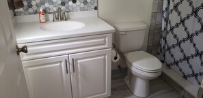 Shower, hair dryer, towels, toilet paper