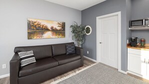 Una sala de estar con un sofá de cuero marrón oscuro, un cojín decorativo con estampado blanco y negro, un cuadro de paisaje grande, una planta en maceta y una zona de cocina con microondas y cafetera.