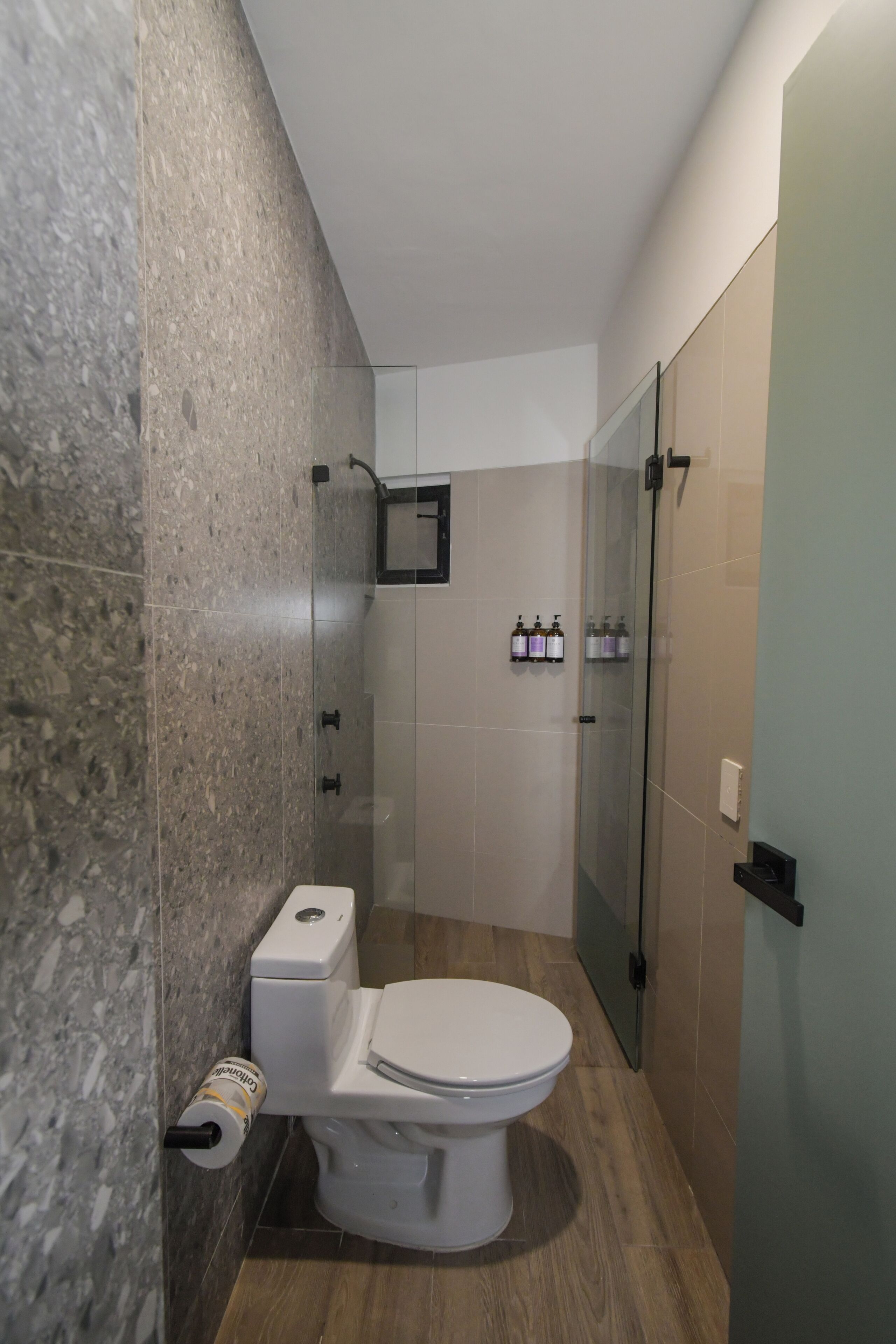 A modern bathroom with a toilet, shower, and glass-enclosed shower area.