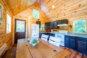 Fridge, microwave, oven, stovetop - Walnut: Sleep 4, Tiny Cabin, Pets, Near Park/Lake (Broken Bow)