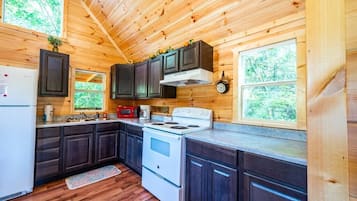 Een koelkast, een magnetron, een oven, een kookplaat