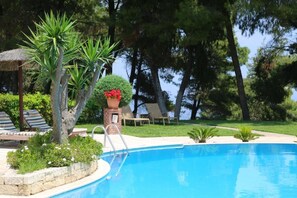 Ein Swimmingpool mit Steinrand, Liegestühlen und einer kleinen Gartenanlage mit Baum und Blumentopf.