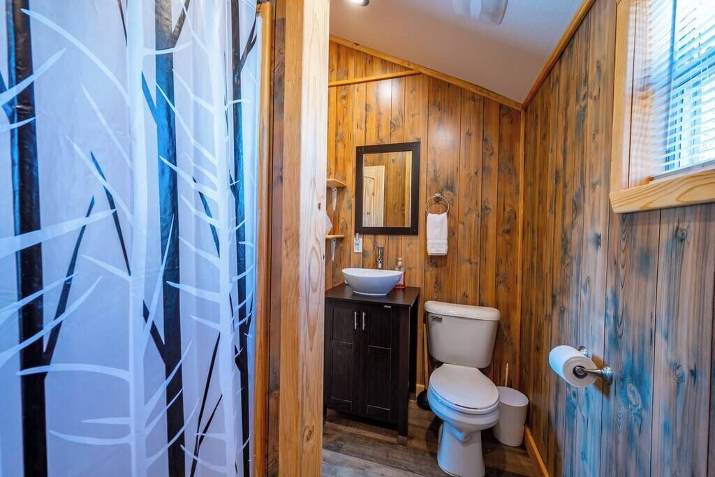 Tina, toallas, jabón, papel de baño 