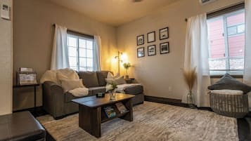 Smart TV, fireplace, books