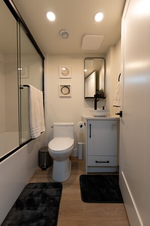 Secador de pelo, toallas, jabón y champú