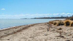 A sandy beach with sparse vegetation and a calm sea.
