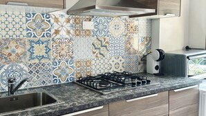 Une cuisine équipée d’une cuisinière à gaz, d’un évier en acier inoxydable et d’un crédence décorée.