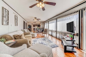 Smart TV, fireplace, books