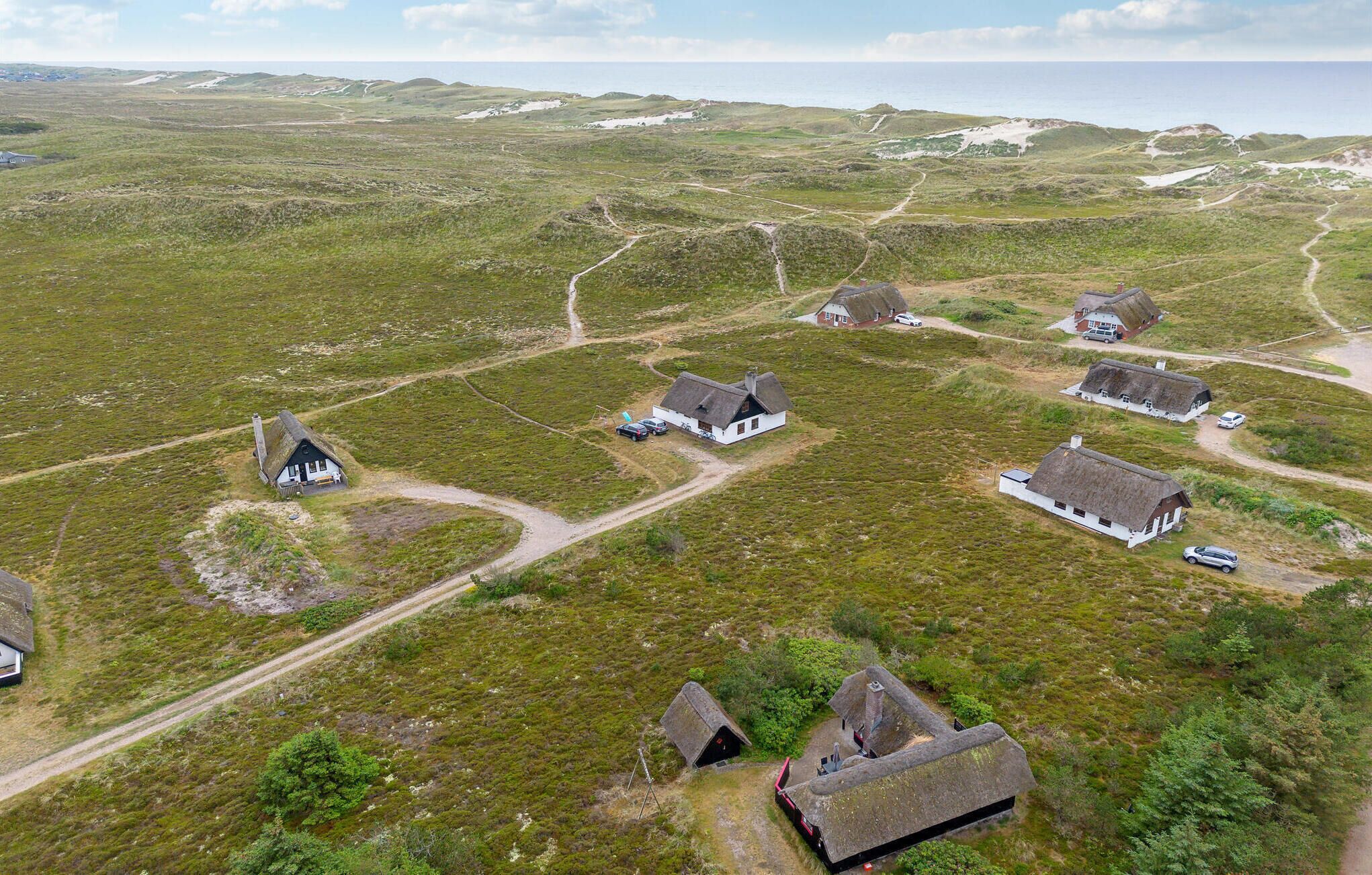 A rural landscape with thatched-roof cottages, a dirt road, and a view of the sea.