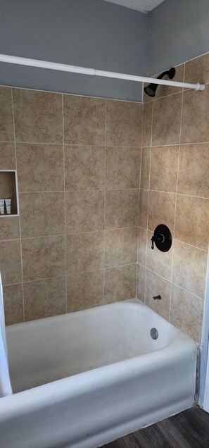 Hair dryer, towels, soap, shampoo