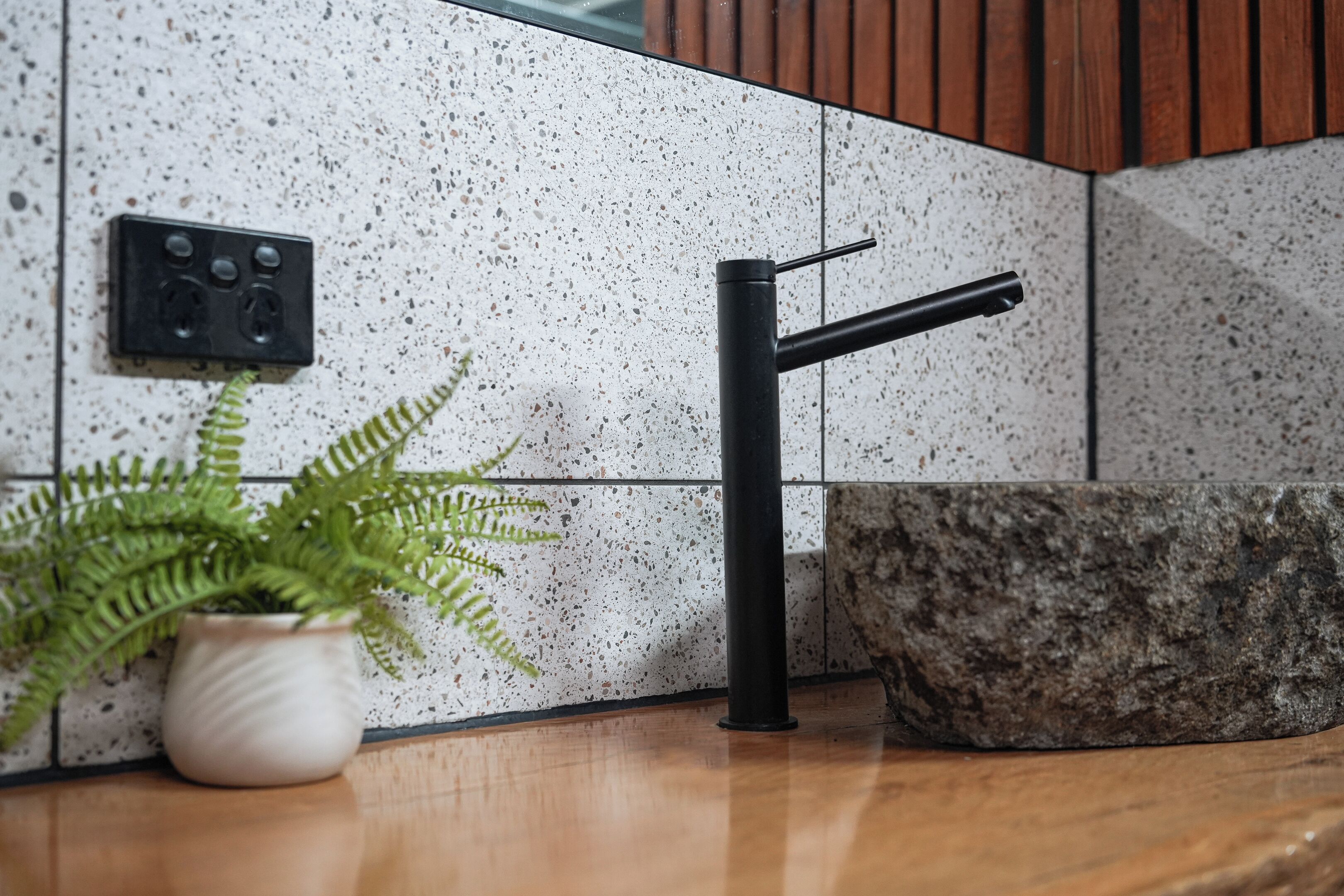 A kitchen with a modern faucet, a potted fern, and a stone countertop.