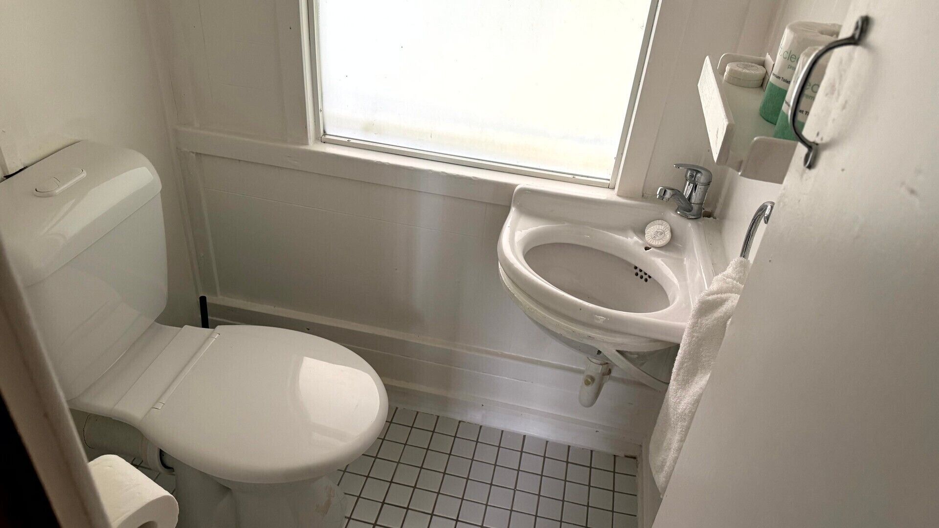 A small, white bathroom with a toilet, a sink, and a window.