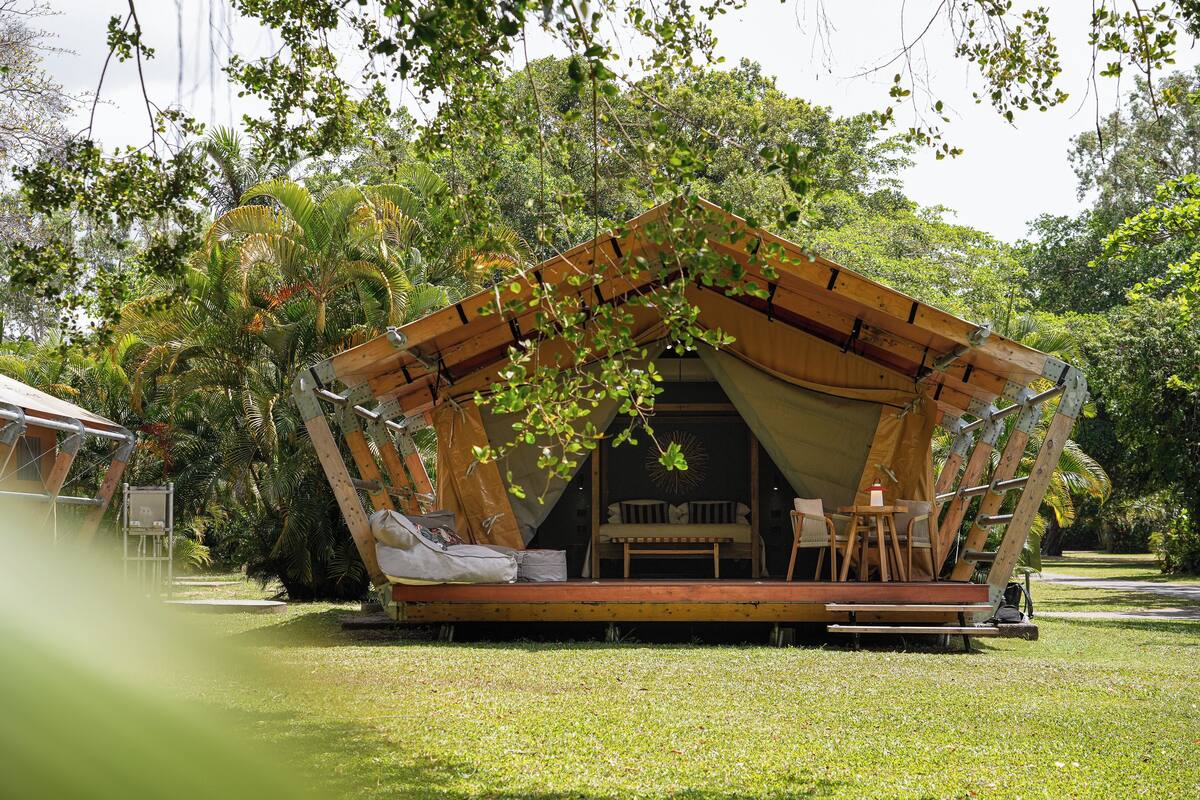 A wooden structure with a bench and table, surrounded by lush greenery.