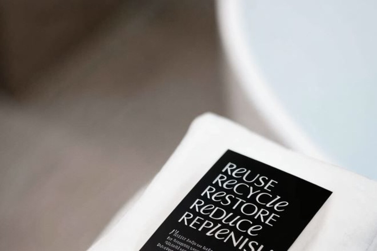 Primer plano de un objeto blanco con etiqueta negra que reza 'REUSE RECYCLE RESTORE REDUCE REPOLISH'.
