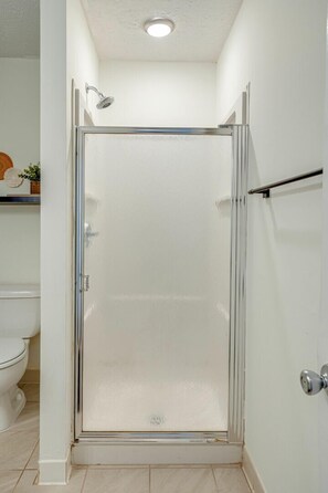 Combined shower/bathtub, hair dryer, towels, shampoo